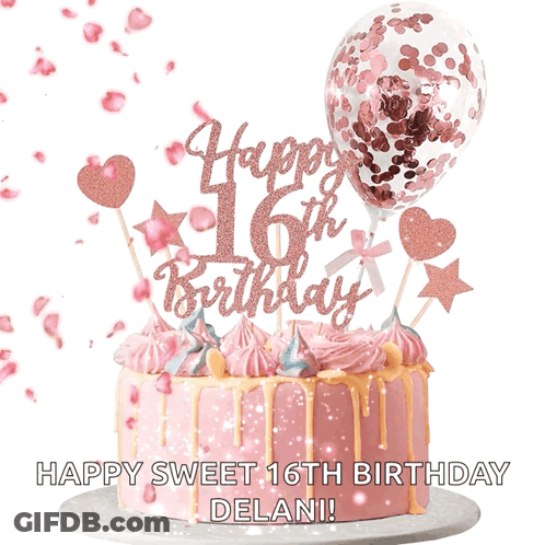 A Pink Cake With A Happy 16Th Birthday Sign On Top GIF