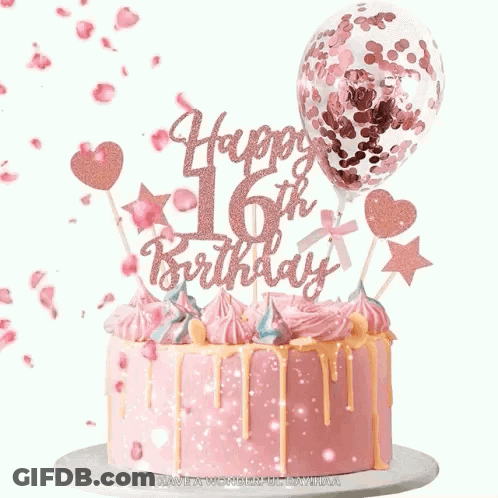 A Pink Cake With A Happy 16Th Birthday Topper On Top GIF