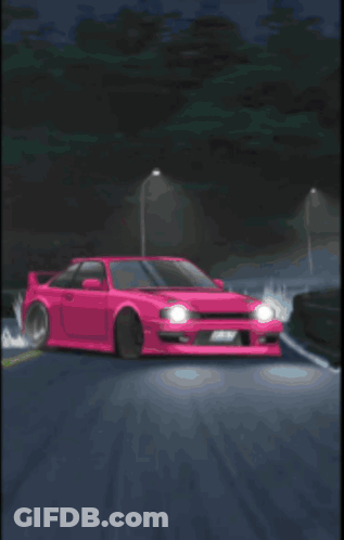 A Pink Car Is Driving Down A Road At Night With A Sign That Says " A " On It GIF