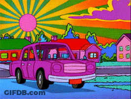 A Pink Car Is Driving Down A Street In A Colorful Cartoon Scene GIF