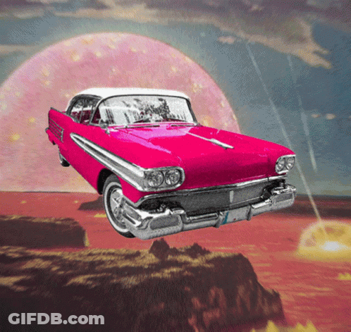 A Pink Car Is Flying In The Air With A Pink Planet In The Background GIF