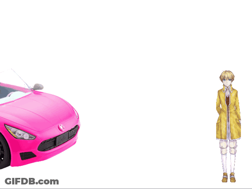 A Pink Car With A Girl In It And A Girl Standing Next To It GIF
