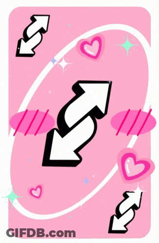 A Pink Card With Arrows Pointing In Opposite Directions And Hearts GIF