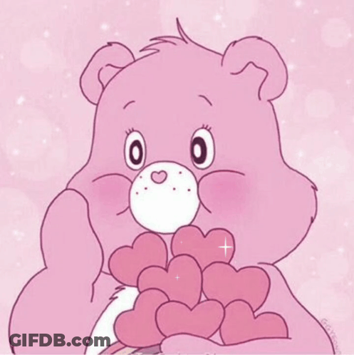 A Pink Care Bear Is Holding A Bunch Of Hearts In Its Paws . GIF