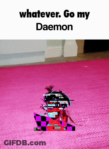 A Pink Carpet With A Picture Of A Person And The Words " Whatever Go My Daemon " On Top GIF