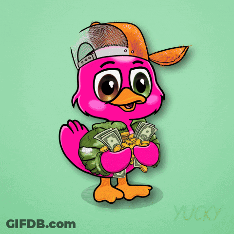 A Pink Cartoon Bird Holding A Bunch Of Money And Gold Coins GIF
