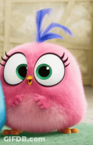 A Pink Cartoon Bird With A Blue Feather In Its Hair GIF