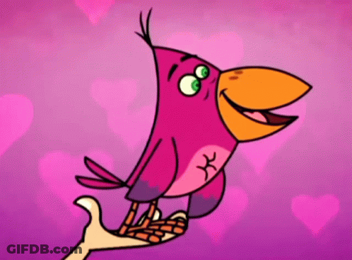 A Pink Cartoon Bird With A Large Beak Is Sitting On A Branch GIF
