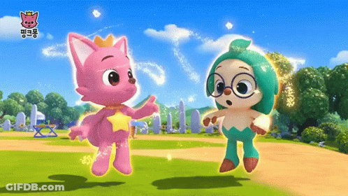 A Pink Cartoon Cat And A Green Cartoon Character Are Standing Next To Each Other In A Field . GIF