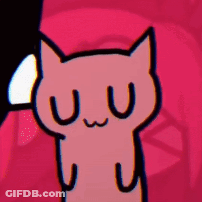 A Pink Cartoon Cat Is Making A Funny Face With Its Eyes Closed On A Pink Background . GIF
