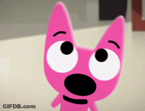 A Pink Cartoon Cat With A Surprised Look On Its Face . GIF