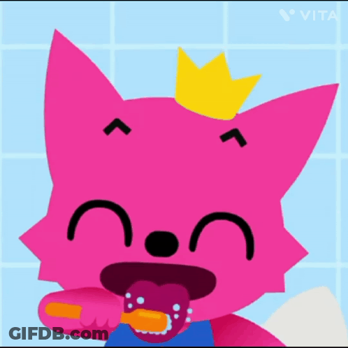 A Pink Cartoon Character Brushing His Teeth With A Yellow Crown GIF