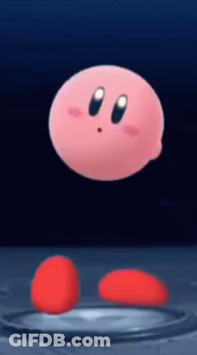 A Pink Cartoon Character Is Floating In The Air With Red Legs . GIF