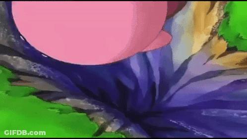 A Pink Cartoon Character Is Flying Through A Purple Hole . GIF
