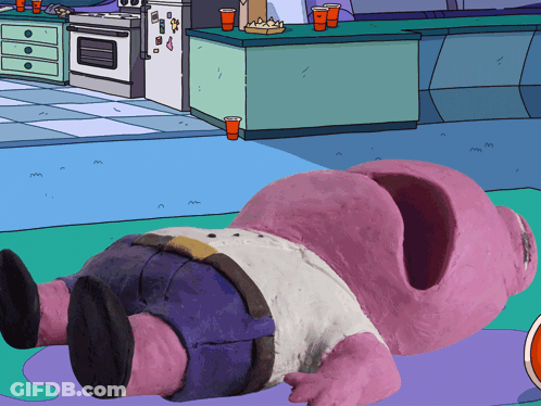 A Pink Cartoon Character Is Laying On The Floor With A Hole In His Butt GIF