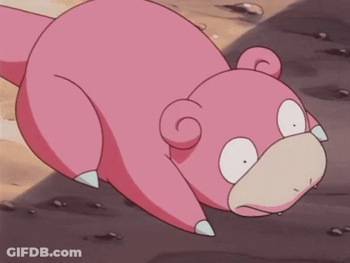 A Pink Cartoon Character Is Laying On The Ground With Its Mouth Open And A Surprised Look On Its Face . GIF