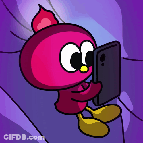 A Pink Cartoon Character Is Looking At A Phone GIF