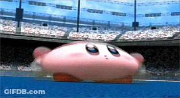 A Pink Cartoon Character Is Running On A Track In Front Of A Stadium GIF