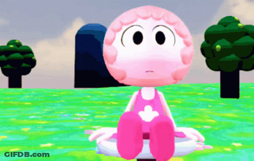 A Pink Cartoon Character Is Sitting In The Grass GIF