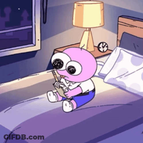 A Pink Cartoon Character Is Sitting On A Bed With A Clock On The Nightstand GIF