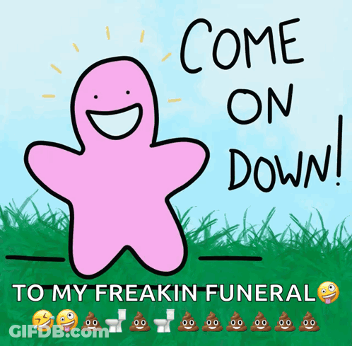 A Pink Cartoon Character Is Standing In The Grass And Says Come On Down GIF