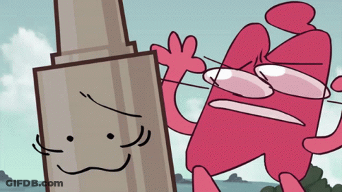 A Pink Cartoon Character Is Standing Next To A Brown Object With A Face On It GIF