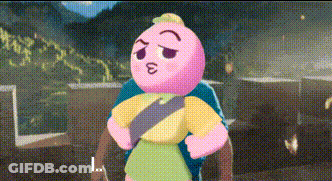 A Pink Cartoon Character Is Standing Next To A Man In A Blue Shirt .. GIF