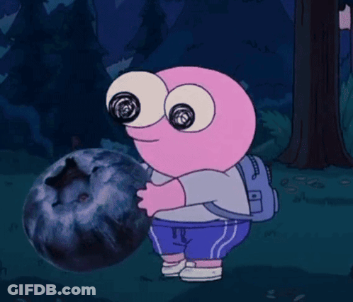 A Pink Cartoon Character With A Backpack Is Walking In A Field At Night . GIF