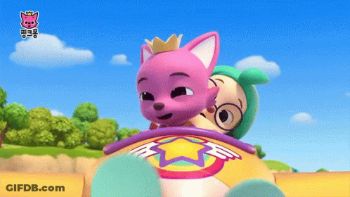 A Pink Cartoon Character With A Crown On Her Head Is Riding On The Back Of A Toy GIF