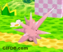 A Pink Cartoon Character With A Flower On Its Head Is Walking On A Path GIF