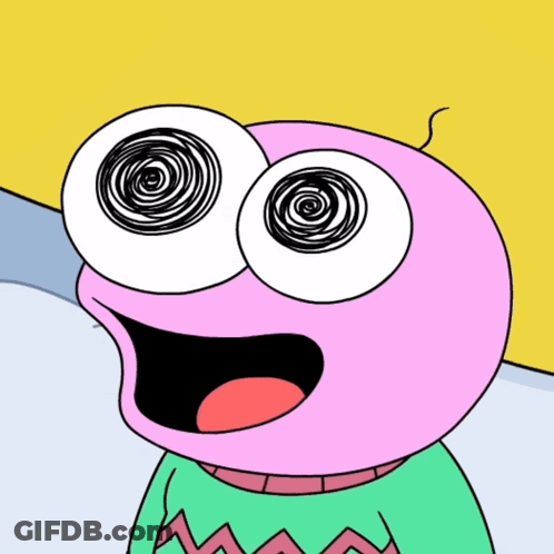 A Pink Cartoon Character With A Green Sweater Has A Swirl In His Eyes GIF