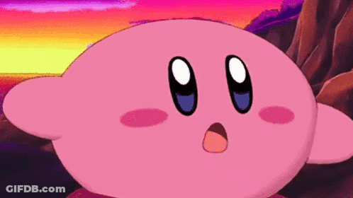 A Pink Cartoon Character With A Surprised Look On His Face Is Standing In Front Of A Sunset . GIF