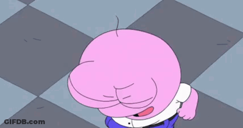 A Pink Cartoon Character With A White Shirt And Blue Pants Is Making A Funny Face . GIF