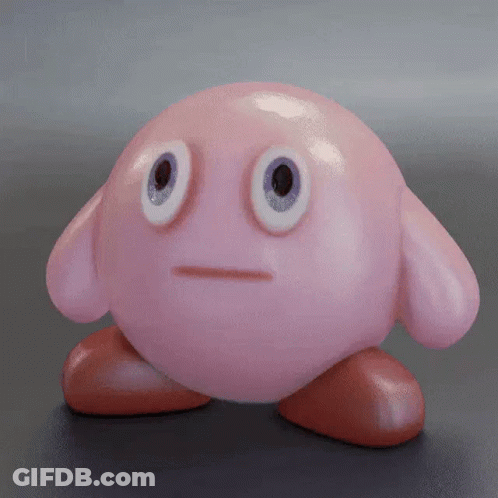 A Pink Cartoon Character With Big Eyes And A Sad Face GIF