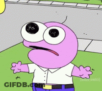 A Pink Cartoon Character With Big Eyes And A White Shirt GIF