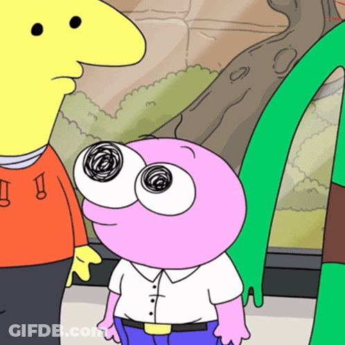 A Pink Cartoon Character With Big Eyes Is Standing Next To A Yellow Guy GIF