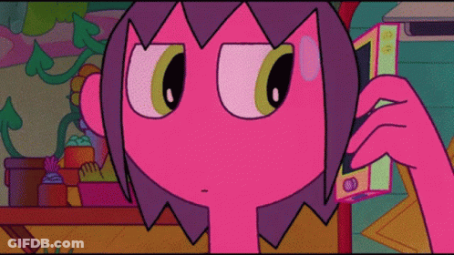 A Pink Cartoon Character With Green Eyes Talking On A Phone GIF