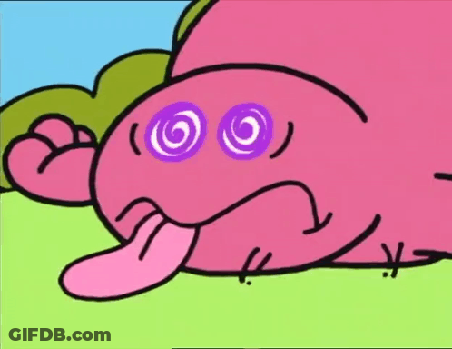 A Pink Cartoon Character With Purple Eyes Is Sticking Out Its Tongue GIF