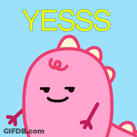 A Pink Cartoon Character With The Word Yesss On Top Of It GIF