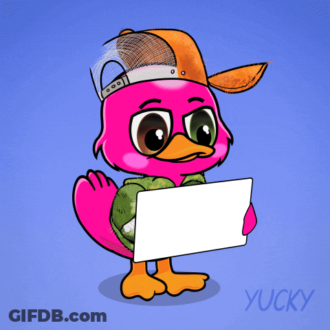 A Pink Cartoon Duck Holding A Sign That Says I 'M Sorry GIF