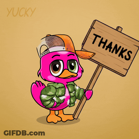 A Pink Cartoon Duck Holding A Sign That Says Thanks GIF