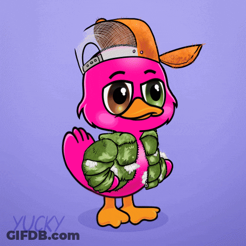 A Pink Cartoon Duck Wearing A Hat And A Jacket GIF