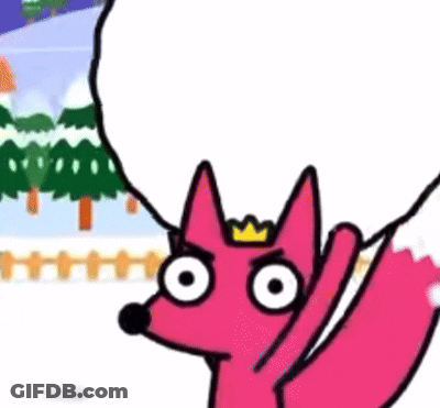A Pink Cartoon Fox With A Crown On Its Head Is Standing In The Snow With Trees In The Background . GIF