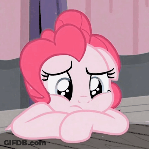 A Pink Cartoon Pony With A Sad Look On Its Face GIF