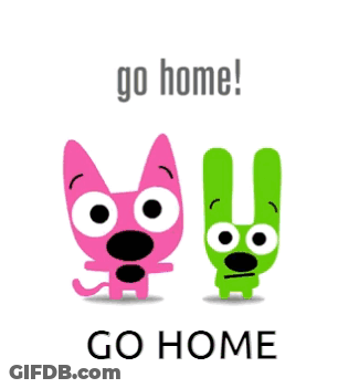 A Pink Cat And A Green Bunny With The Words Go Home GIF
