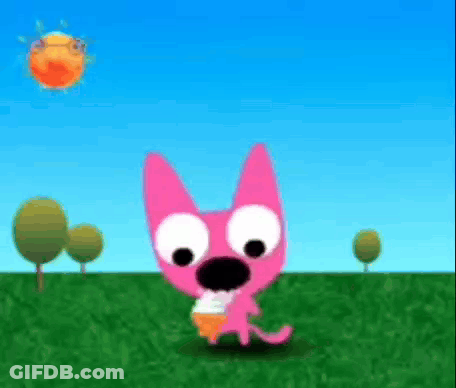 A Pink Cat Is Holding An Ice Cream Cone In A Grassy Field GIF