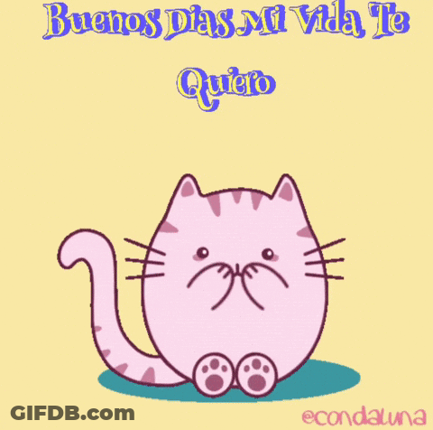 A Pink Cat Surrounded By Pink Hearts With The Words Buenos Dias Mi Vida Te Quiero GIF