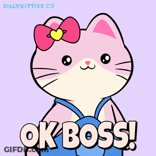 A Pink Cat With Overalls And A Bow On Its Head Says Ok Boss GIF