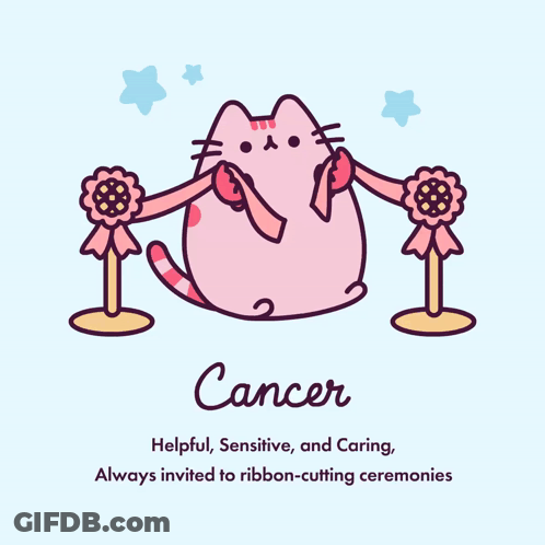 A Pink Cat With Ribbons Around It And The Word Cancer On The Bottom GIF