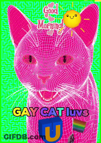 A Pink Cat With The Words Gay Cat Luvs Written On The Bottom GIF